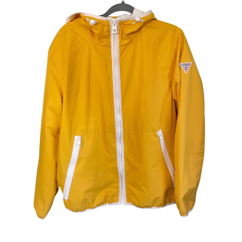 Guess Mens Yellow Windbreaker Jacket Hooded Mesh Lined Retro Sporty Med 112AP164